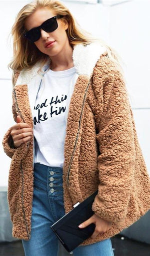 San Clemente Hooded Teddy Coat - Camel + White - Daily Chic